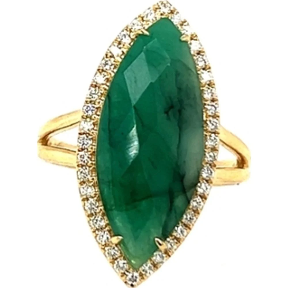 18K Yellow Gold Marquise Sliced Emerald Ring with Diamond Halo by Afarin