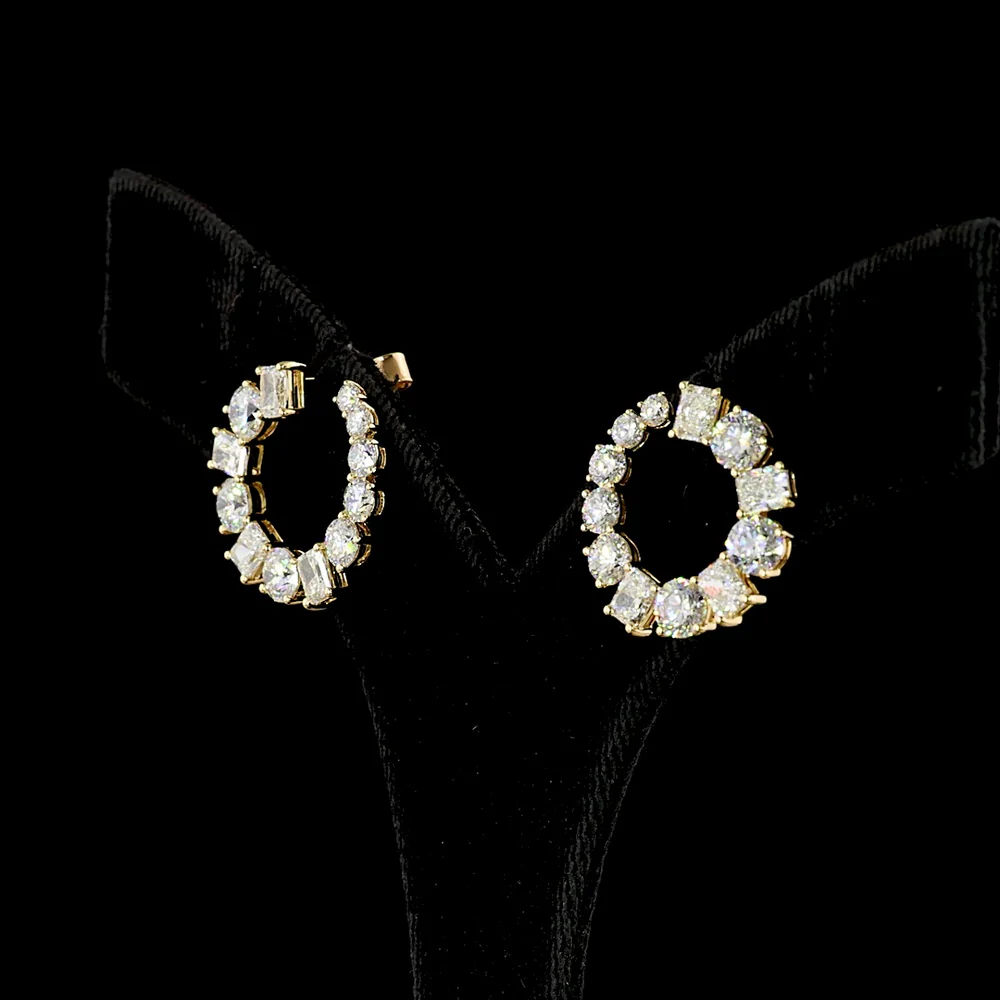 18K Yellow Gold Mixed Shape Special Earrings with Prong Set Brilliant and Radiant Cut Lab Diamonds - 5.25 Carats Total Diamond Weight - Covaloro Fine Jewelry - Image 3