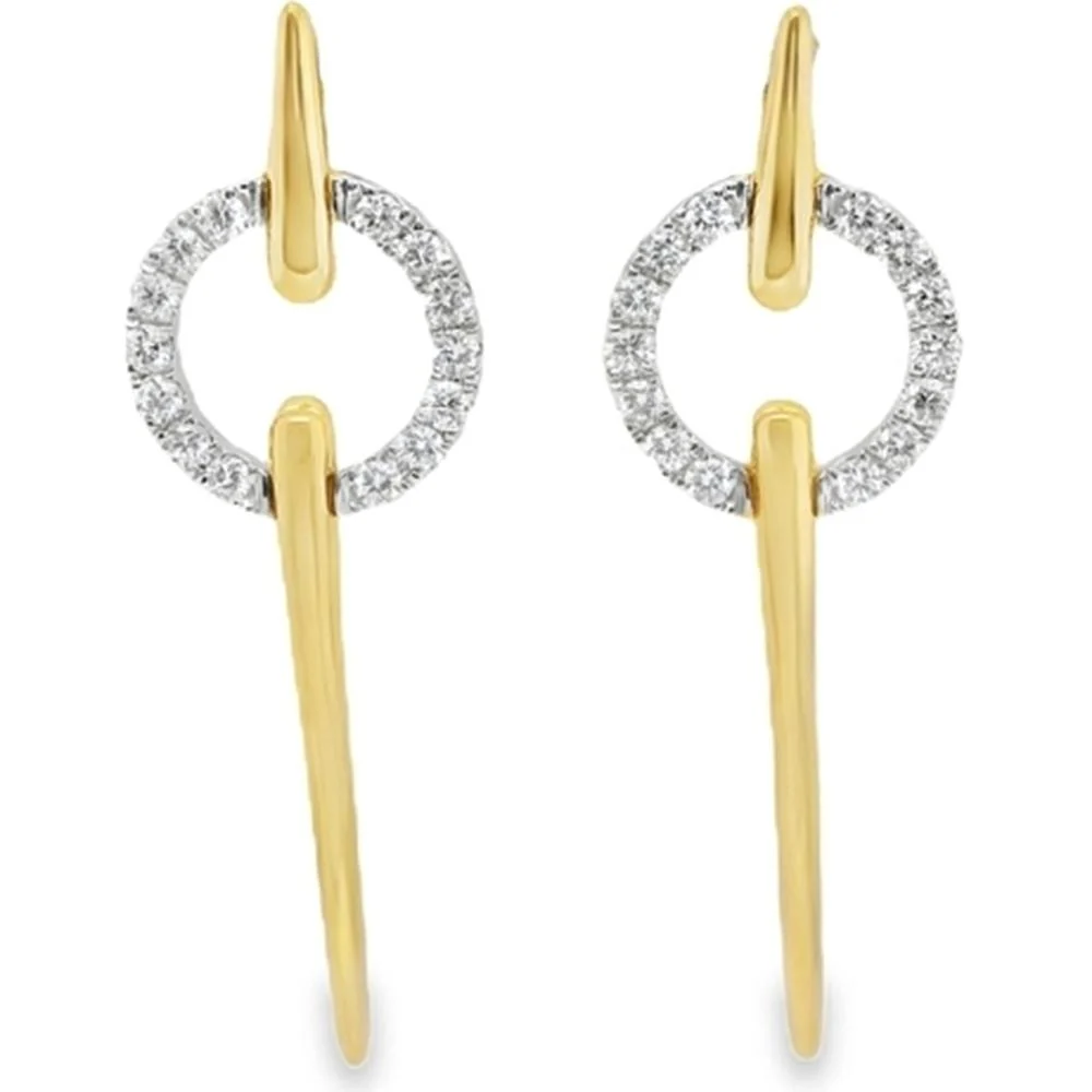 18K Yellow Gold Modern Drop Earrings with Round Diamond Circle Accents by Afarin