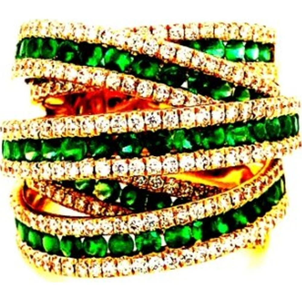 18K Yellow Gold Multi-Row Crisscross Ring with Round Emeralds and Diamond Accents by Afarin