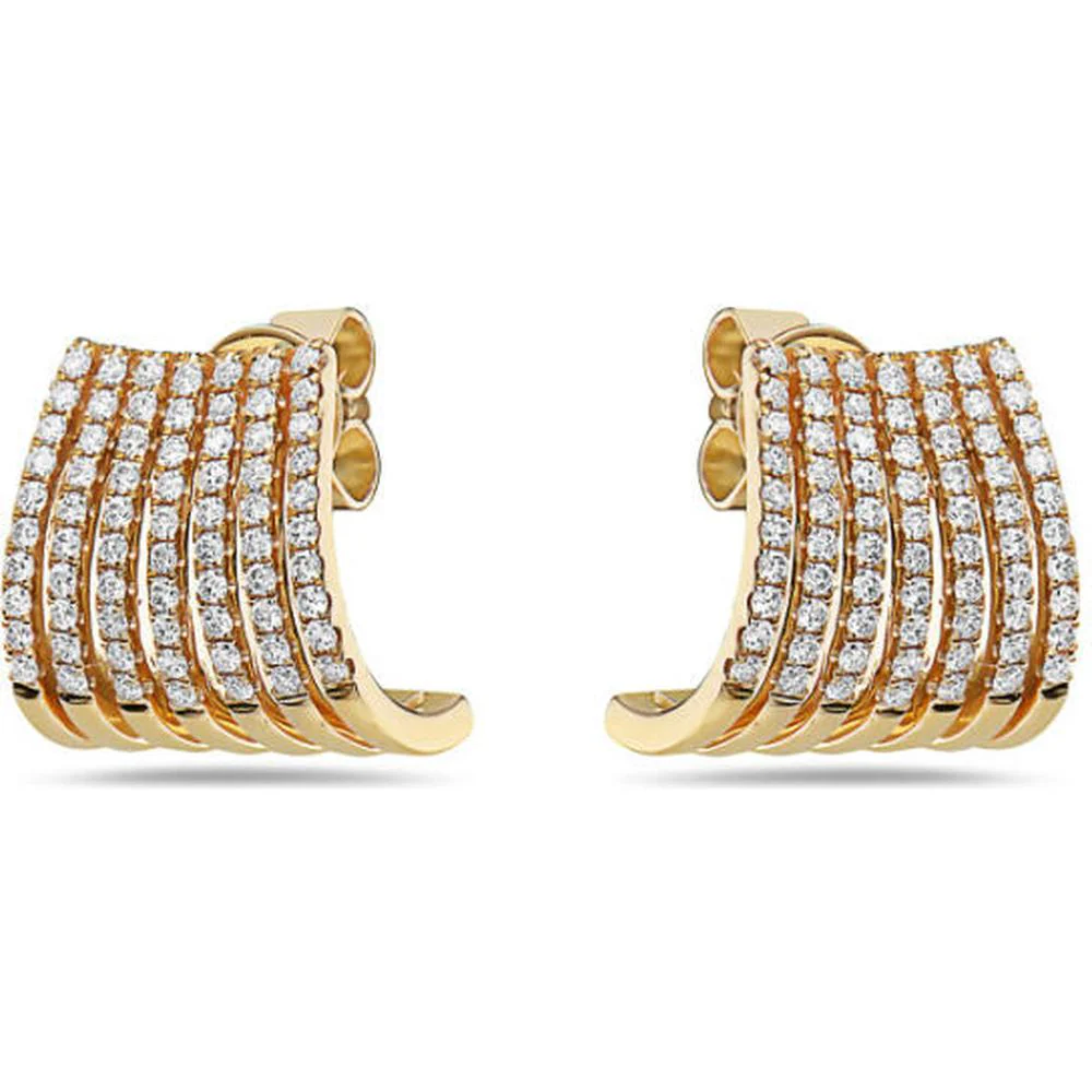 18K Yellow Gold Multi-Row Curved Huggie Earrings with Round Diamonds by Afarin