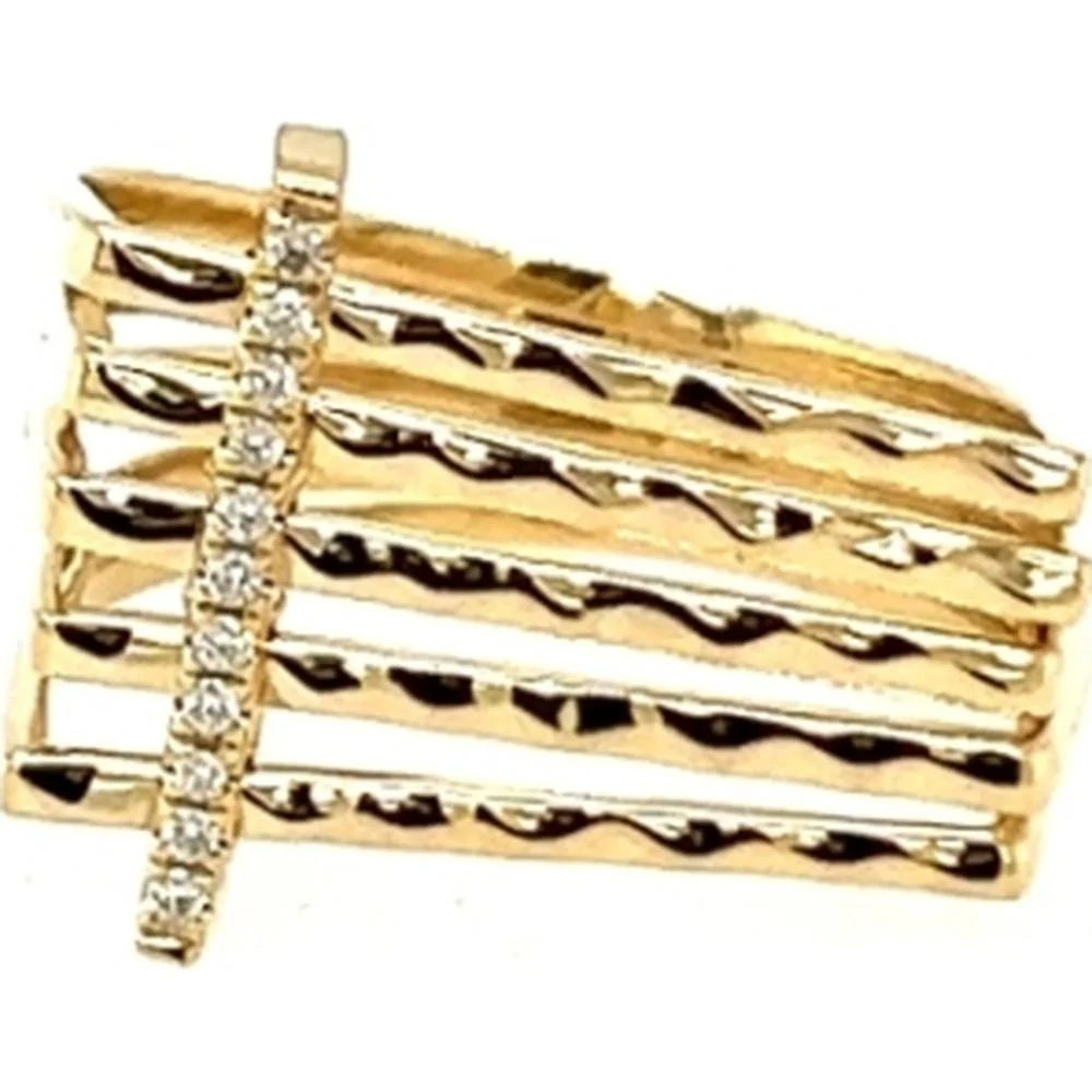 18K Yellow Gold Multi-Row Textured Band Ring with Vertical Round Diamond Accent by Afarin