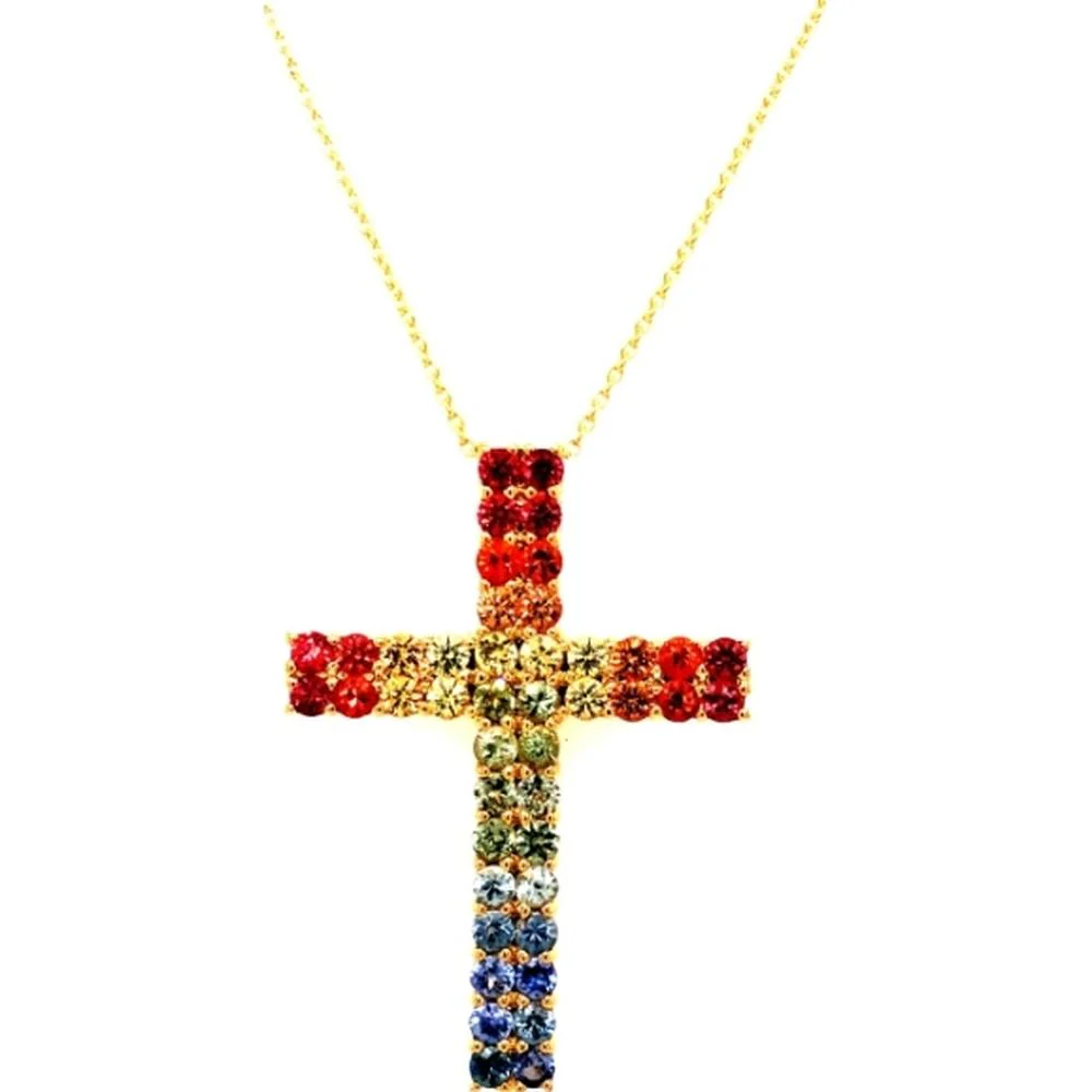 18K Yellow Gold Multi Sapphire Cross Pendant Necklace by Afarin