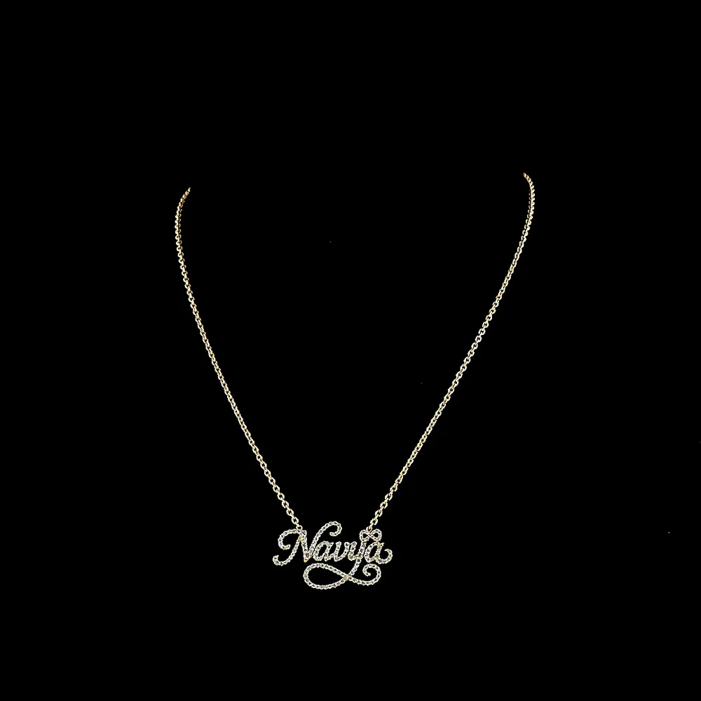 18K Yellow Gold "Nayla" Script Nameplate Pendant with 143 Round Brilliant Cut Natural Diamonds - 0.73 Carat Total Diamond Weight - Covaloro Fine Jewelry