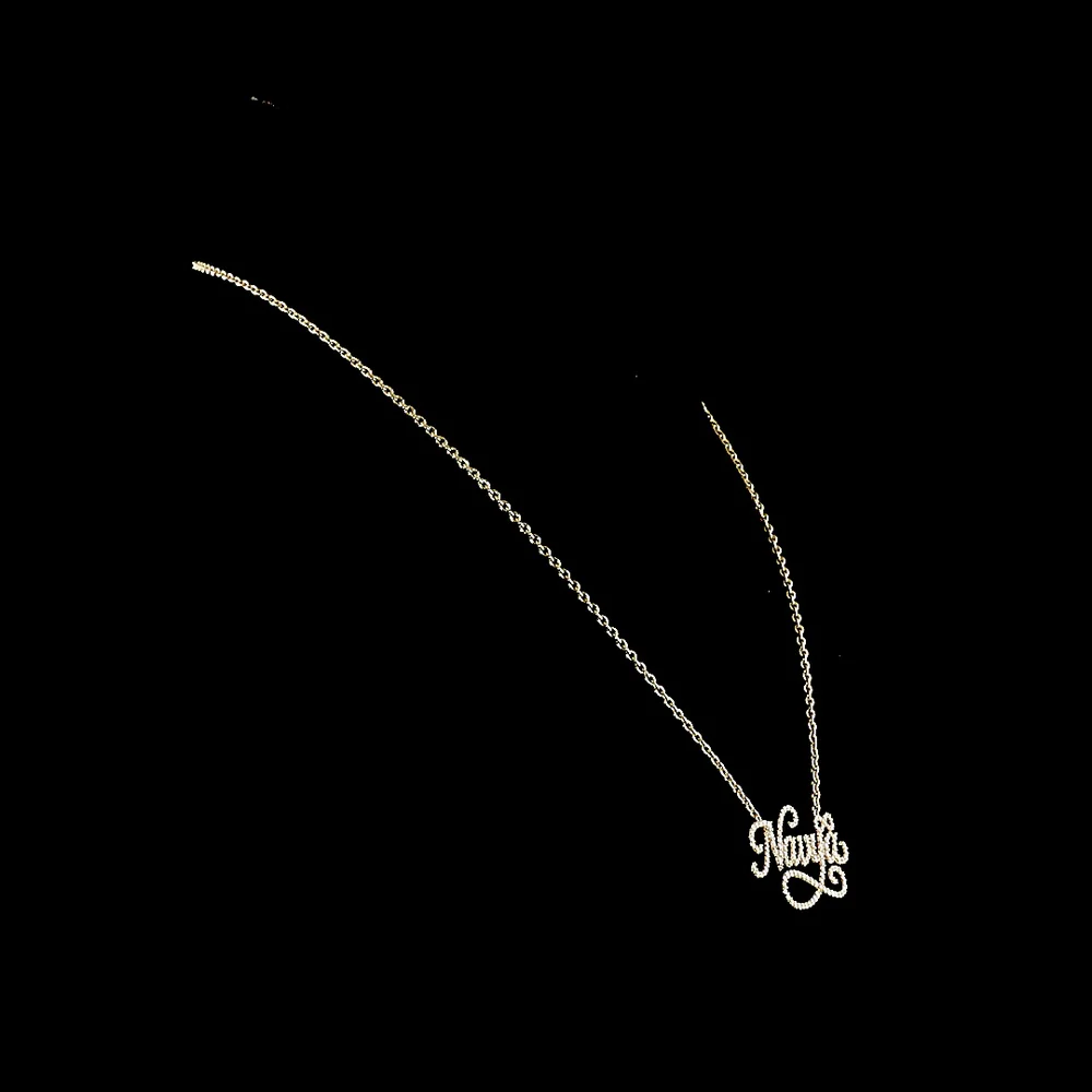 18K Yellow Gold "Nayla" Script Nameplate Pendant with 143 Round Brilliant Cut Natural Diamonds - 0.73 Carat Total Diamond Weight - Covaloro Fine Jewelry - Image 2