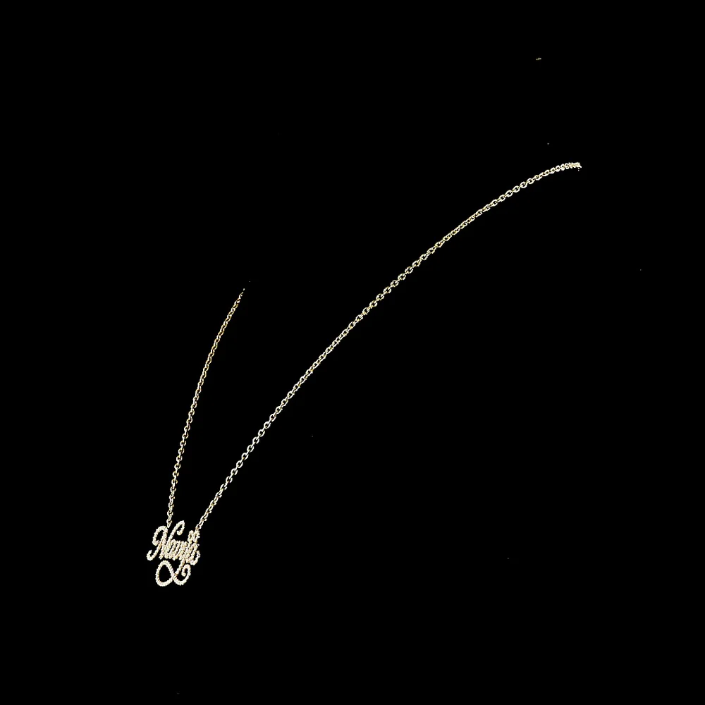 18K Yellow Gold "Nayla" Script Nameplate Pendant with 143 Round Brilliant Cut Natural Diamonds - 0.73 Carat Total Diamond Weight - Covaloro Fine Jewelry - Image 3