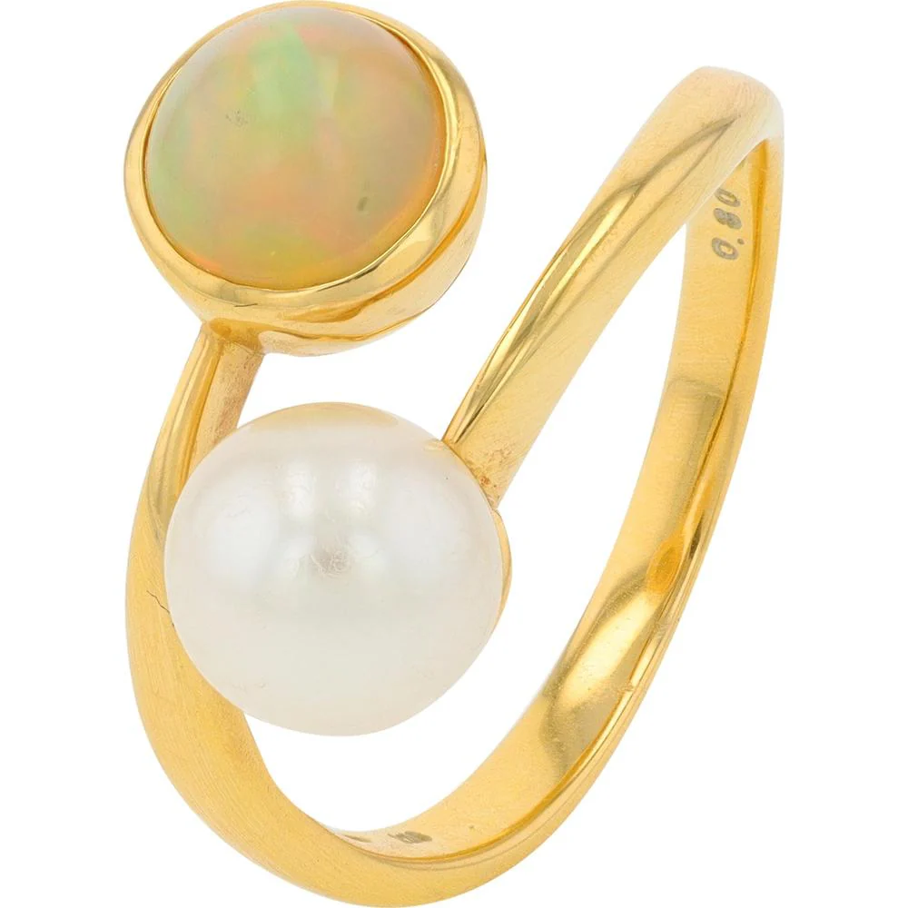 18K Yellow Gold Opal & Pearl Bypass Ring - 0.80 Carat Total Gem Weight