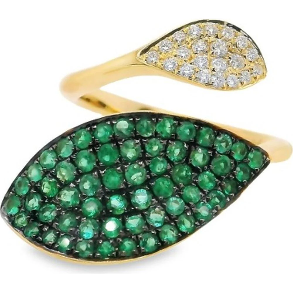 18K Yellow Gold Open Bypass Ring with Pavé Emerald Marquise Motif and Diamond Accent Tip by Afarin