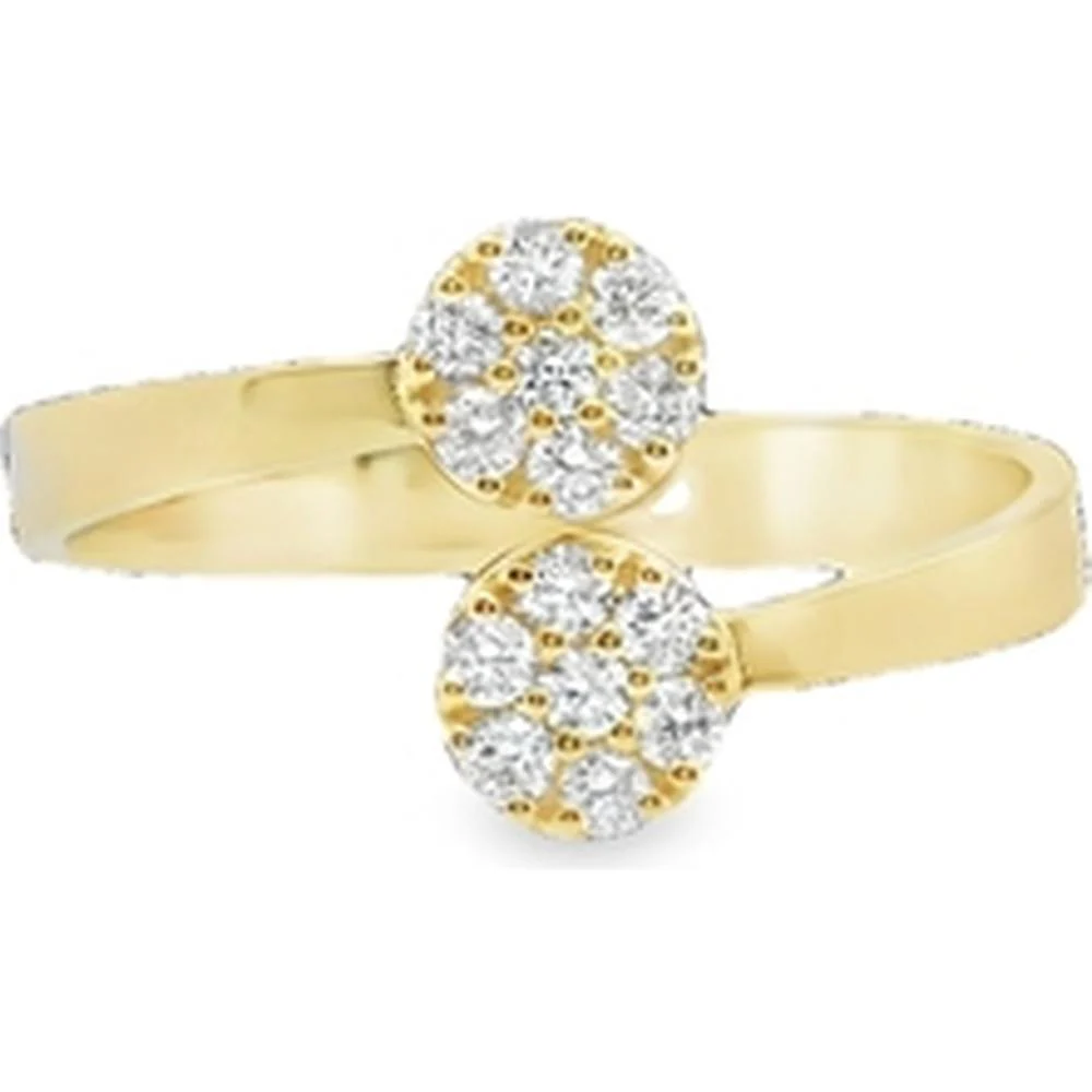 18K Yellow Gold Open Bypass Ring with Round Diamond Cluster Ends by Afarin