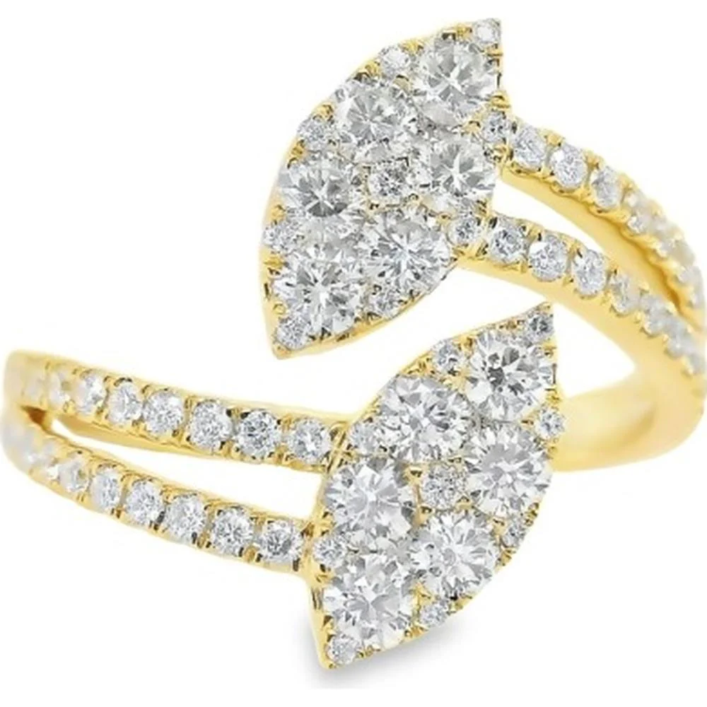 18K Yellow Gold Open Bypass Ring with Round Diamond Clusters by Afarin