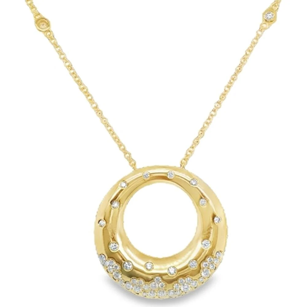 18K Yellow Gold Open Circle Pendant Necklace with Round Diamonds by Afarin