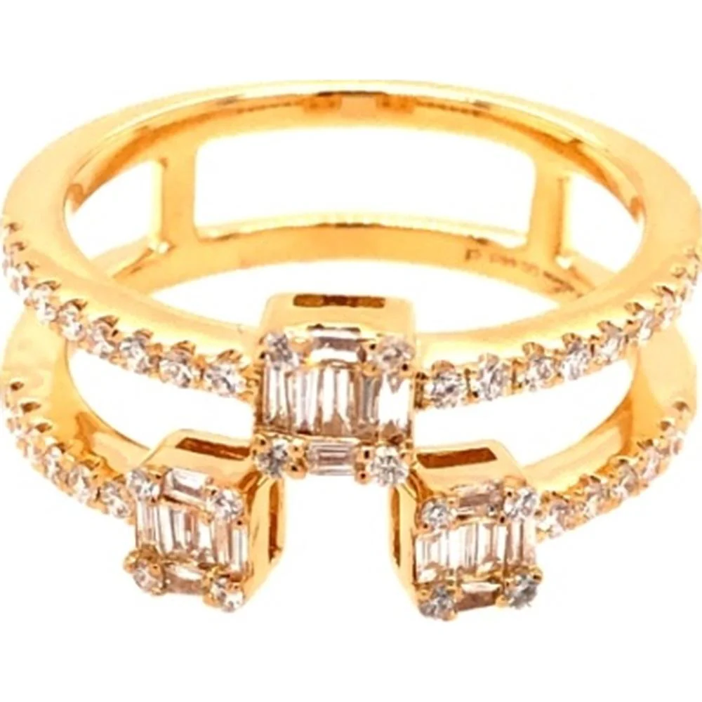 18K Yellow Gold Open Contemporary Ring with Emerald Cut and Round Diamonds by Afarin