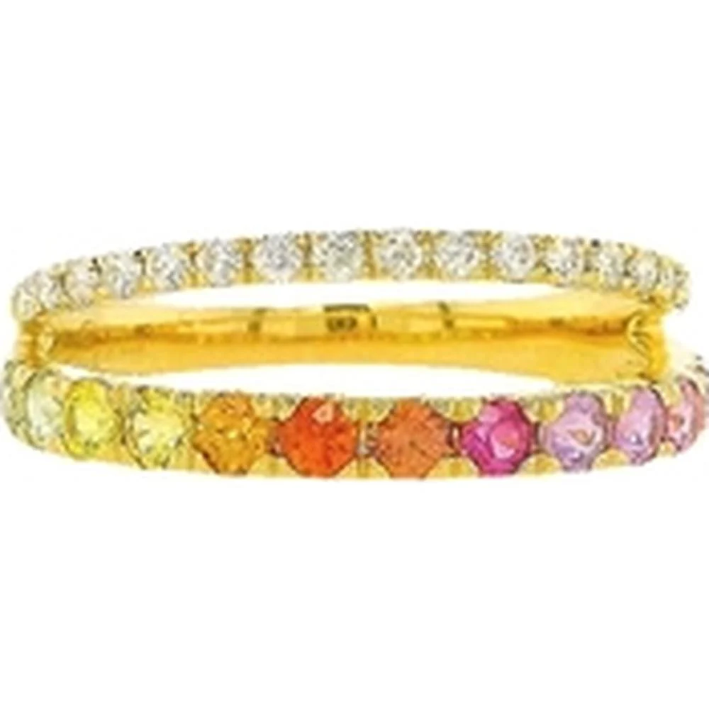 18K Yellow Gold Open Double Band Ring with Round White Diamonds and Multicolor Sapphires by Afarin