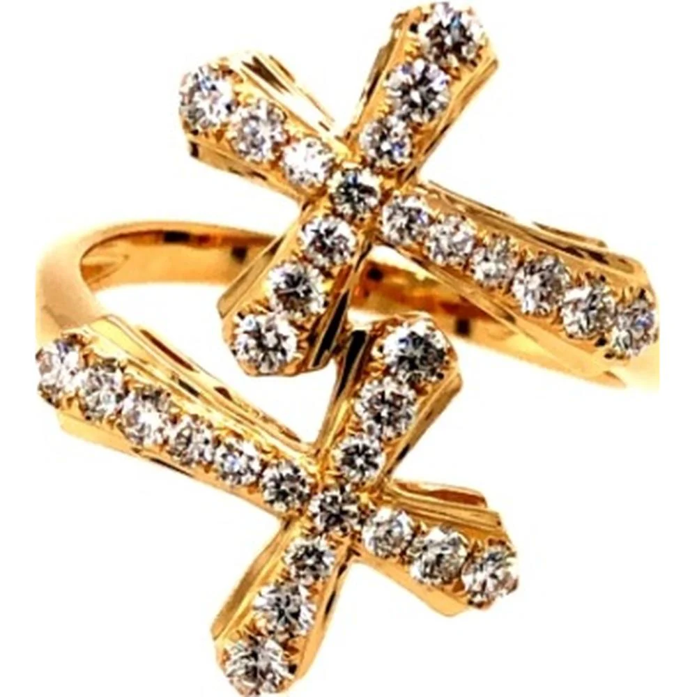 18K Yellow Gold Open Geometric Ring with Round Diamond-Set Crisscross Motifs by Afarin
