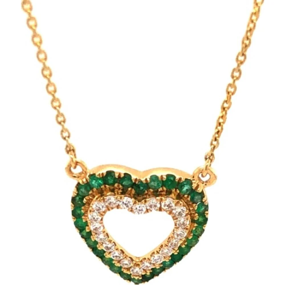 18K Yellow Gold Open Heart Necklace with Emerald and Diamond Accents by Afarin