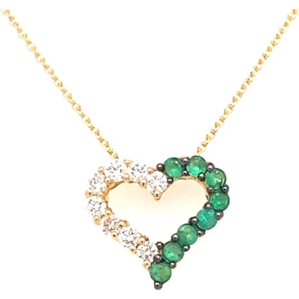 18K Yellow Gold Open Heart Necklace with Round Emeralds and Diamonds by Afarin