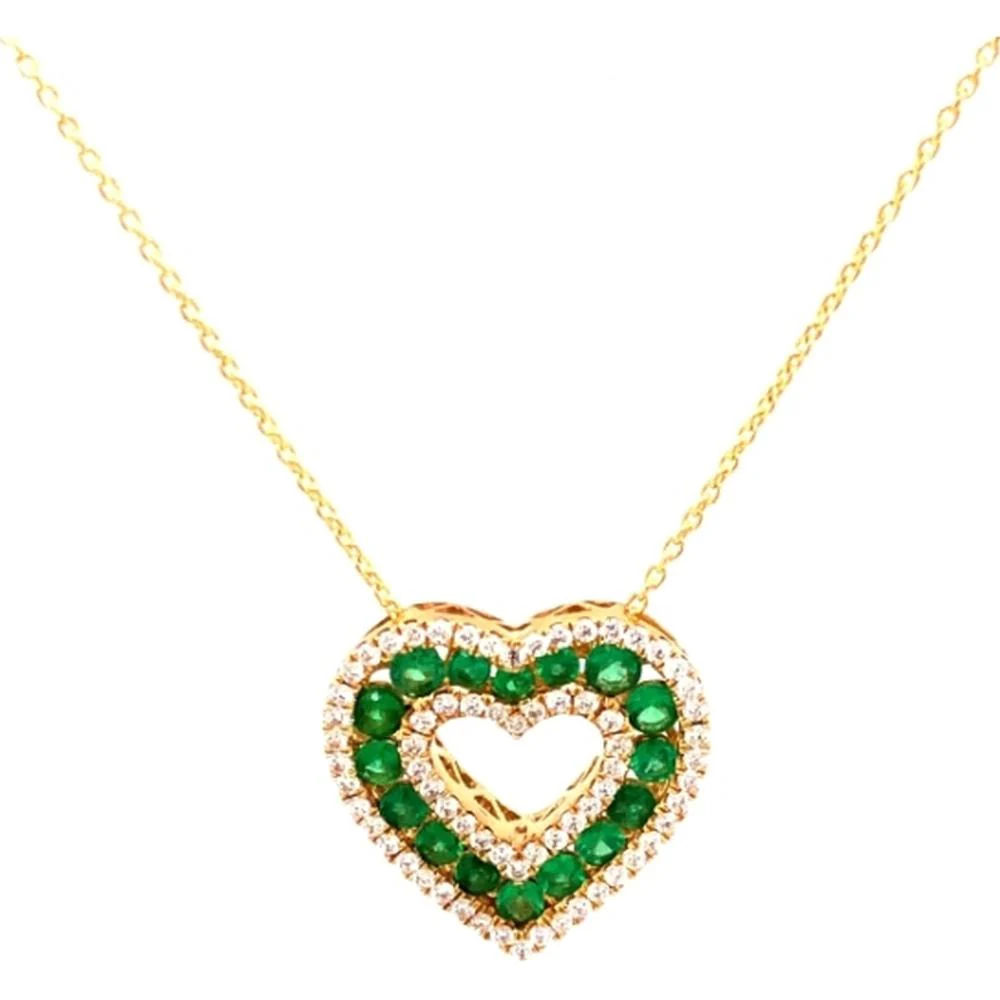 18K Yellow Gold Open Heart Pendant Necklace with Emeralds and Diamonds by Afarin