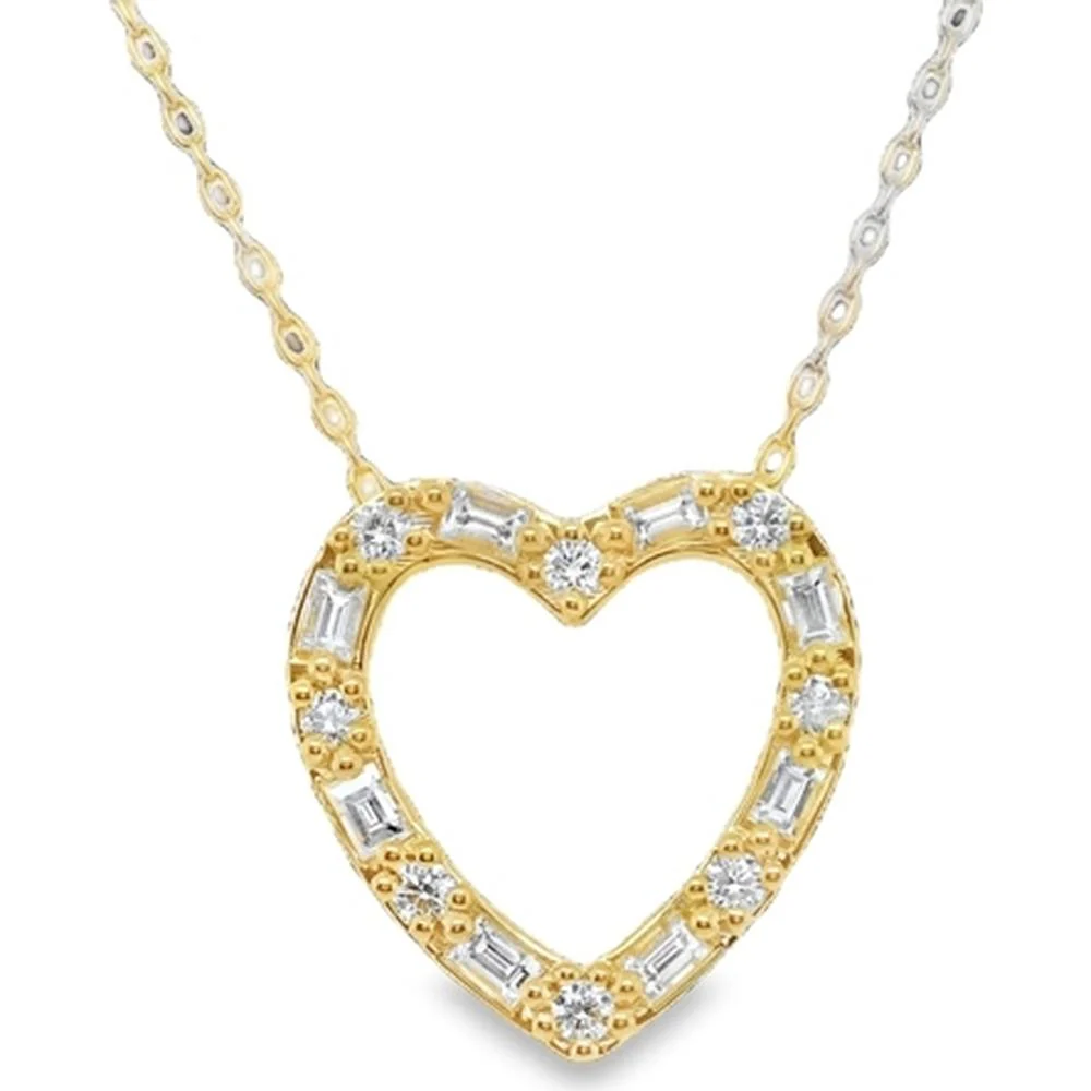 18K Yellow Gold Open Heart Pendant with Round and Baguette Diamonds by Afarin