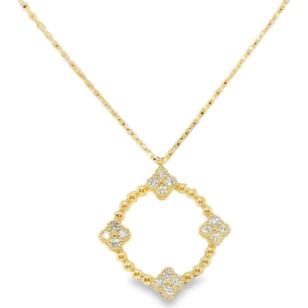 18K Yellow Gold Open Motif Pendant Necklace with Diamond Floral Accents by Afarin