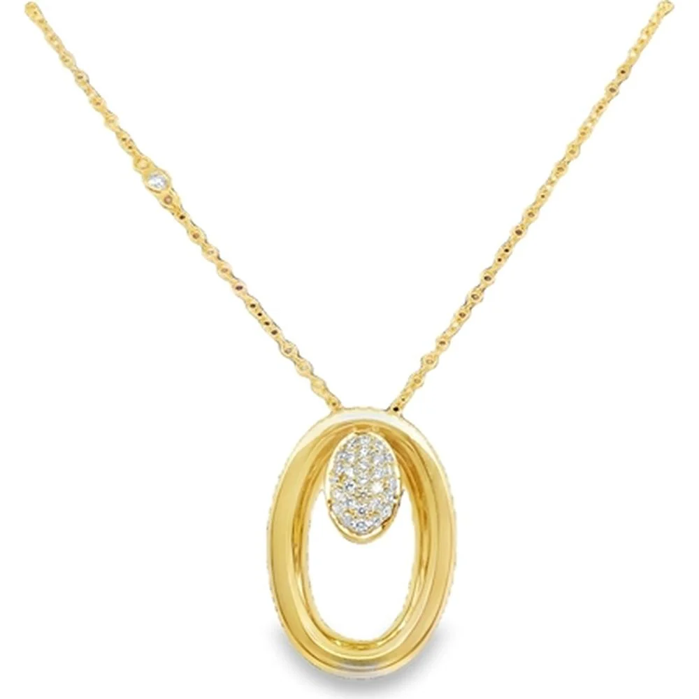 18K Yellow Gold Open Oval Pendant Necklace with Pavé Set Round Diamonds by Afarin