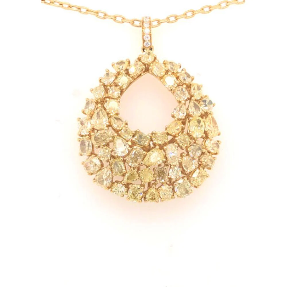 18K Yellow Gold Open Pear Pendant Necklace with Cluster-Set Yellow Diamonds by Afarin