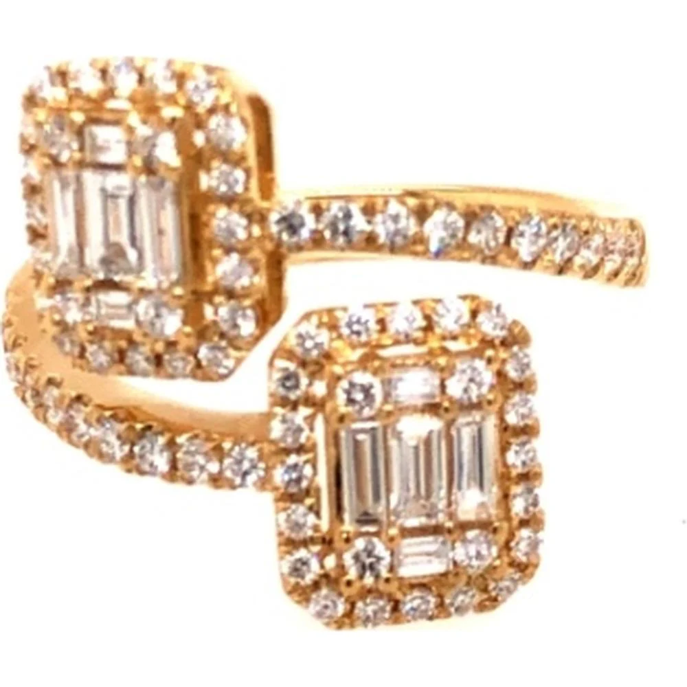 18K Yellow Gold Open Ring with Baguette and Round Diamond Halo Ends by Afarin