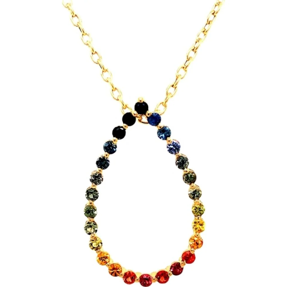 18K Yellow Gold Open Teardrop Necklace with Round Multi-Color Sapphires by Afarin