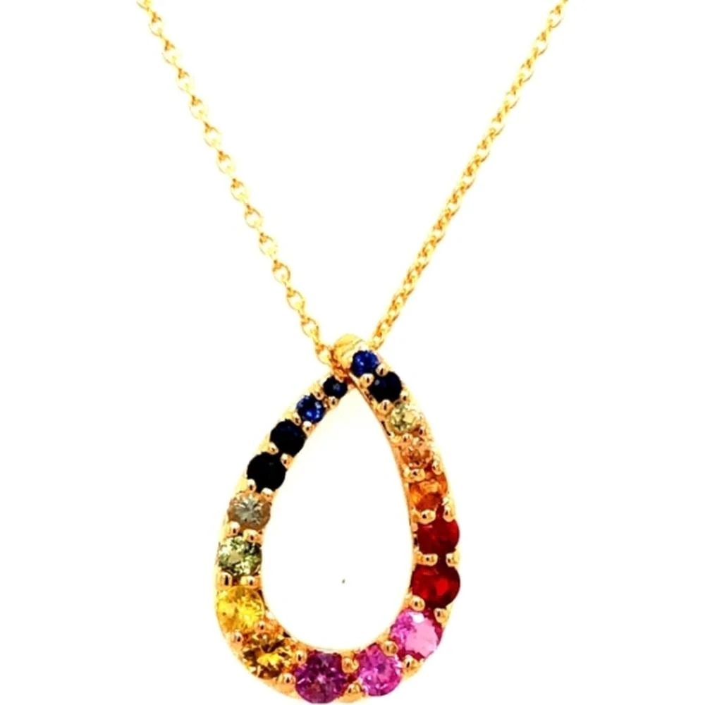 18K Yellow Gold Open Teardrop Pendant with Multi-Color Sapphires by Afarin