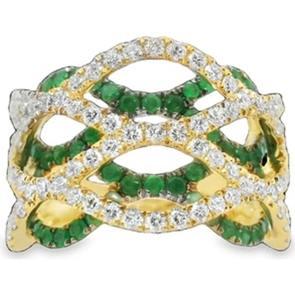 18K Yellow Gold Openwork Ring with Round Emeralds and Diamond Accents by Afarin
