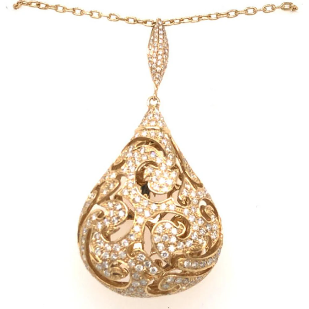 18K Yellow Gold Openwork Teardrop Pendant Necklace with Round Diamonds by Afarin
