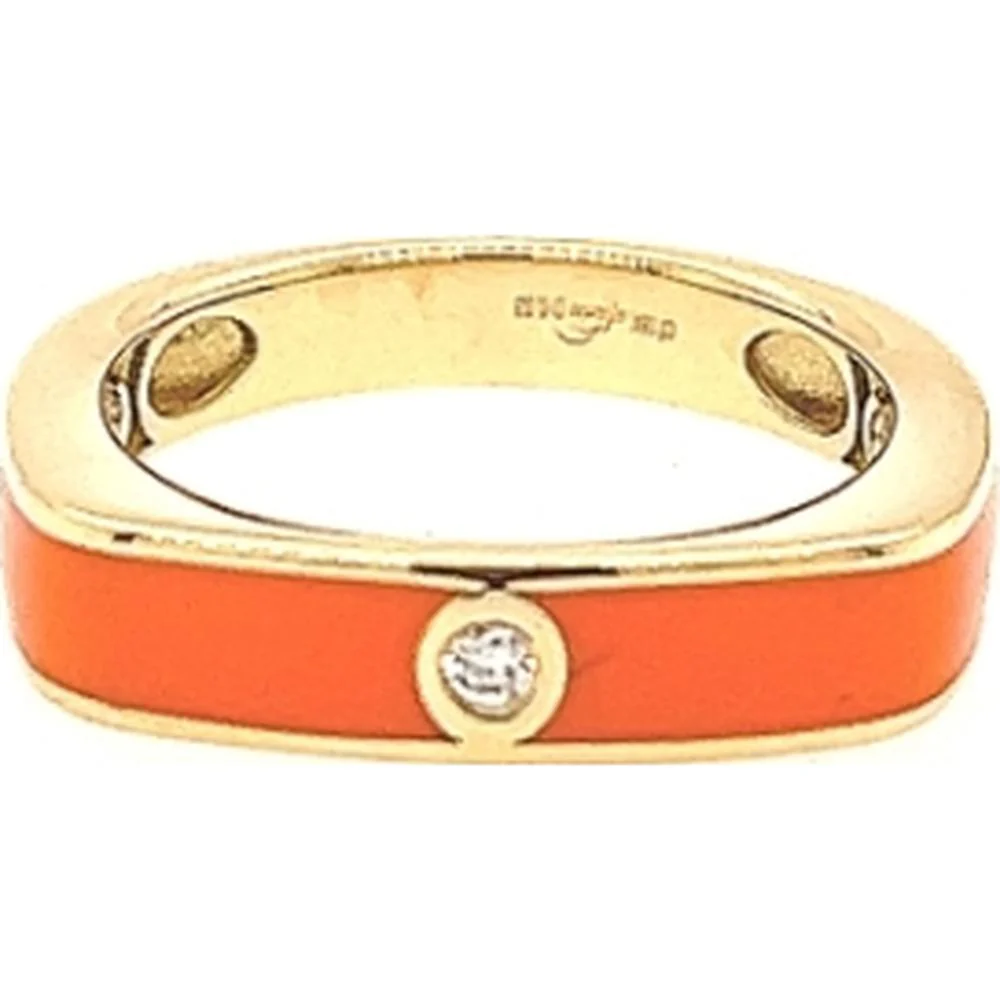18K Yellow Gold Orange Enamel Band Ring with Round Diamond Accent by Afarin