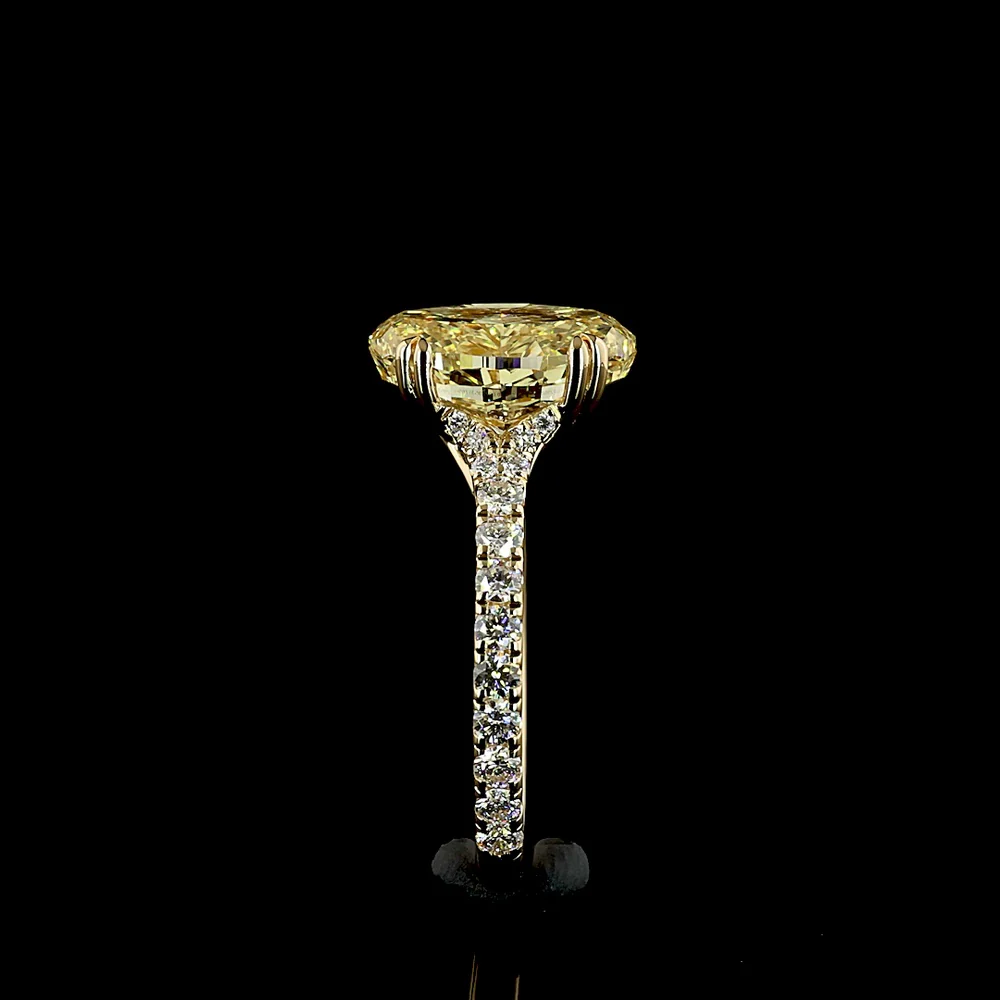 18K Yellow Gold Oval Cut Fancy Vivid Yellow Diamond Solitaire Shank Ring - 4.84 Carat Total Diamond Weight with 18 Round Brilliant Accents - Covaloro Fine Jewelry - Image 4