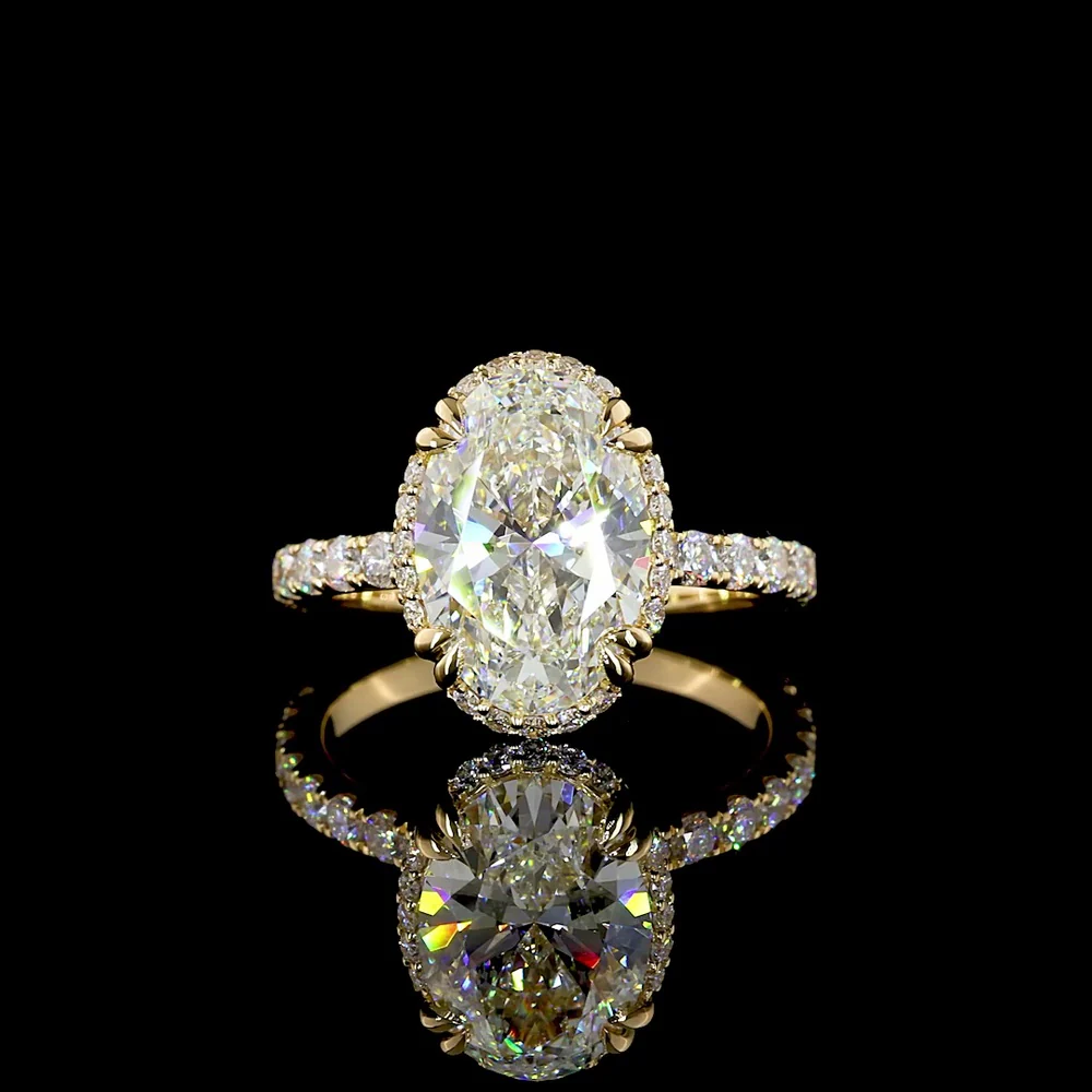 18K Yellow Gold Oval Cut Hidden Halo Engagement Ring with Lab Diamonds - 3.91 Carat Total Diamond Weight - Covaloro Fine Jewelry