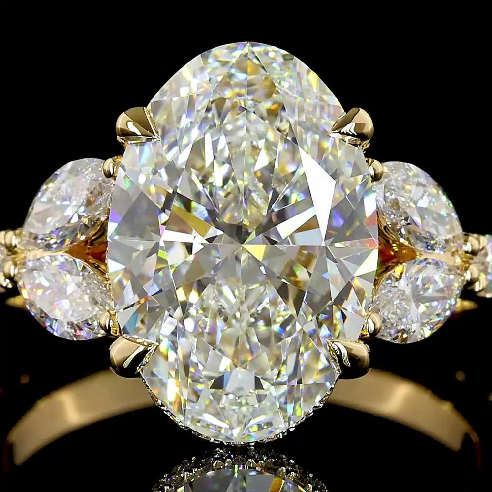 18K Yellow Gold Oval Cut Hidden Halo Ring with Marquise and Round Lab Diamonds - 4.01 Carat Center Stone, 5.07 Total Carat Weight - Covaloro Fine Jewelry - Image 2