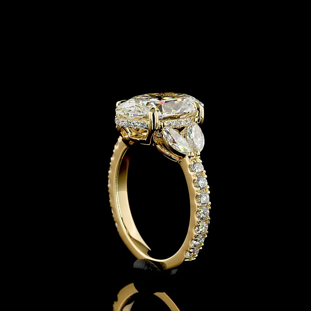 18K Yellow Gold Oval Cut Hidden Halo Ring with Marquise and Round Lab Diamonds - 4.01 Carat Center Stone, 5.07 Total Carat Weight - Covaloro Fine Jewelry - Image 3