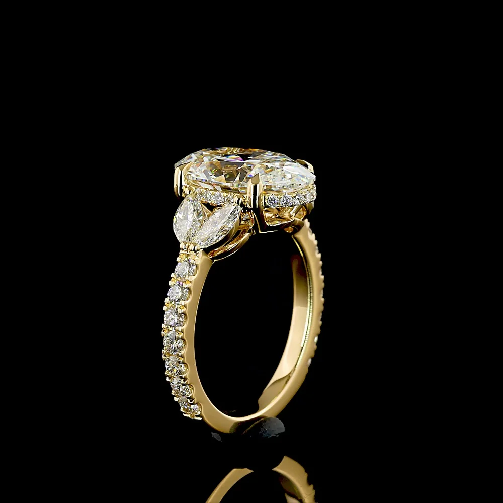 18K Yellow Gold Oval Cut Hidden Halo Ring with Marquise and Round Lab Diamonds - 4.01 Carat Center Stone, 5.07 Total Carat Weight - Covaloro Fine Jewelry - Image 4