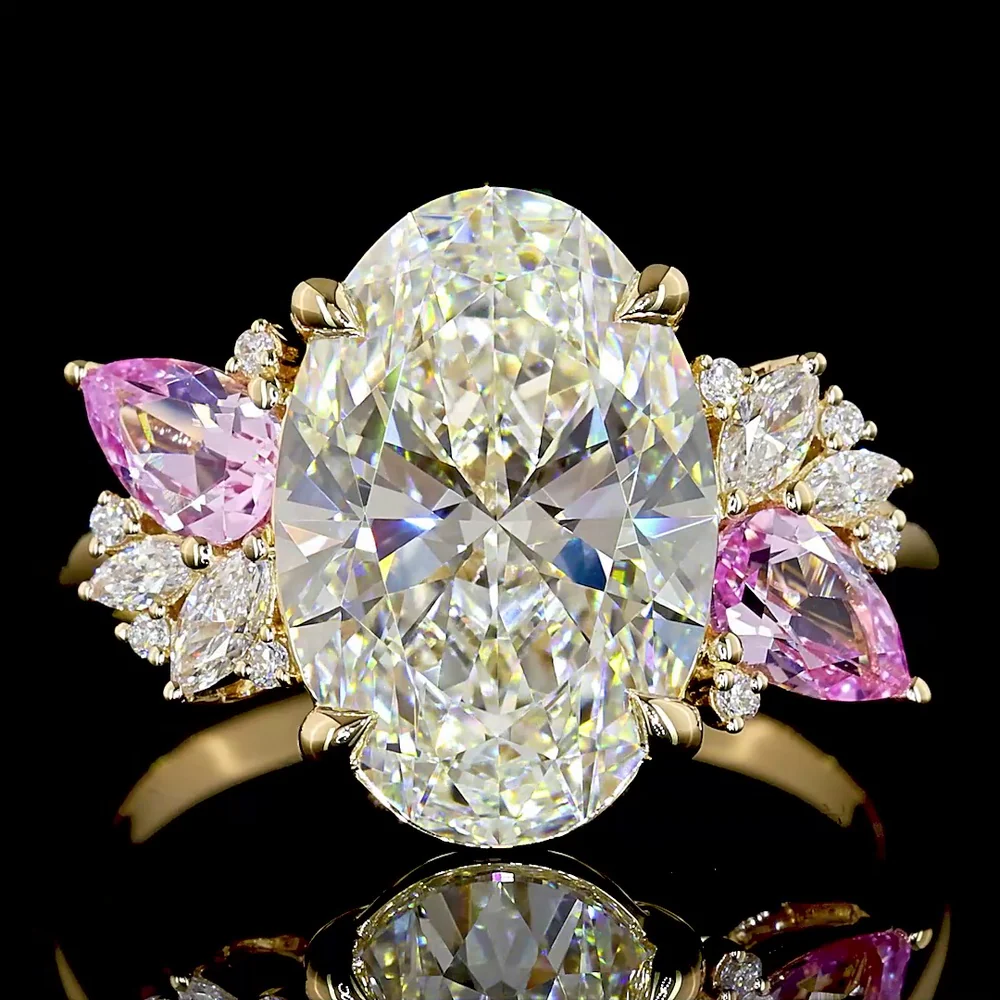 18K Yellow Gold Oval Cut Lab Diamond Ring with Pear Shape Pink Gemstones and Marquise Accents - 4.33 Total Carat Weight - Covaloro Fine Jewelry - Image 2