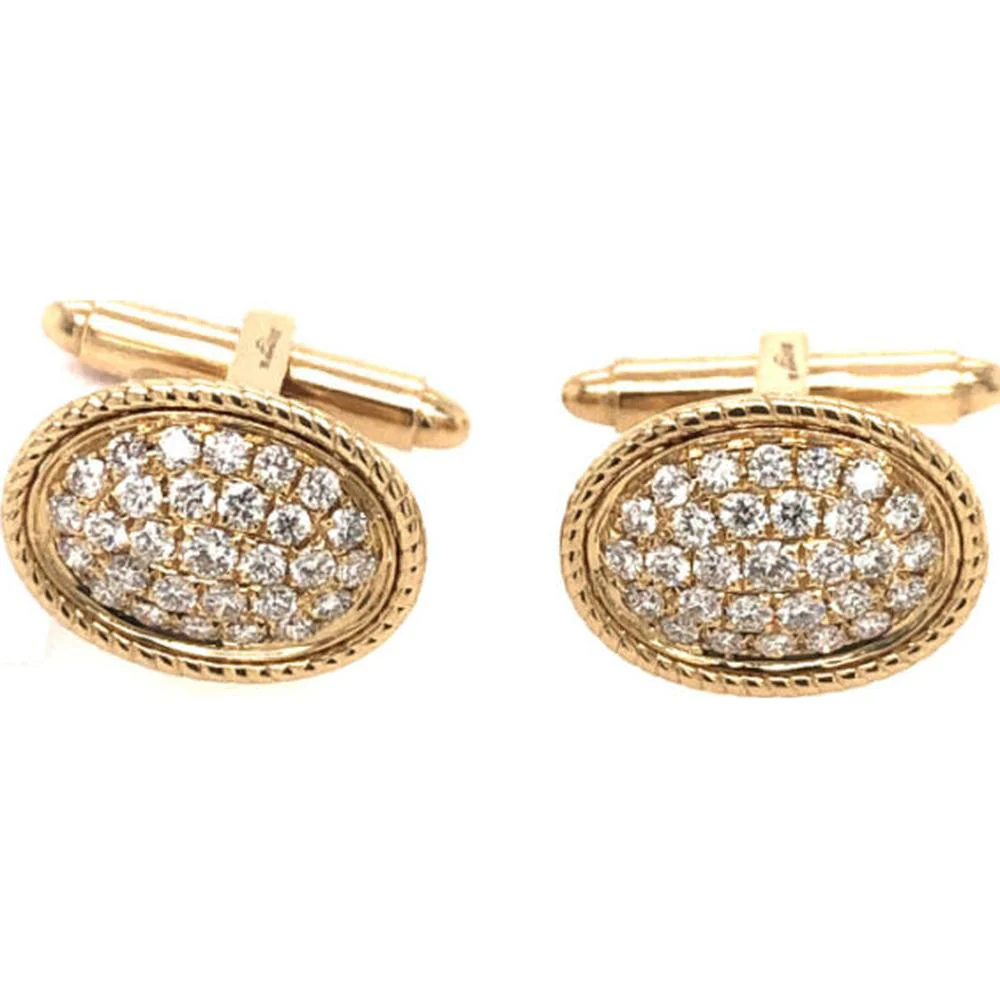 18K Yellow Gold Oval Diamond Cufflinks with Milgrain Detail by Afarin