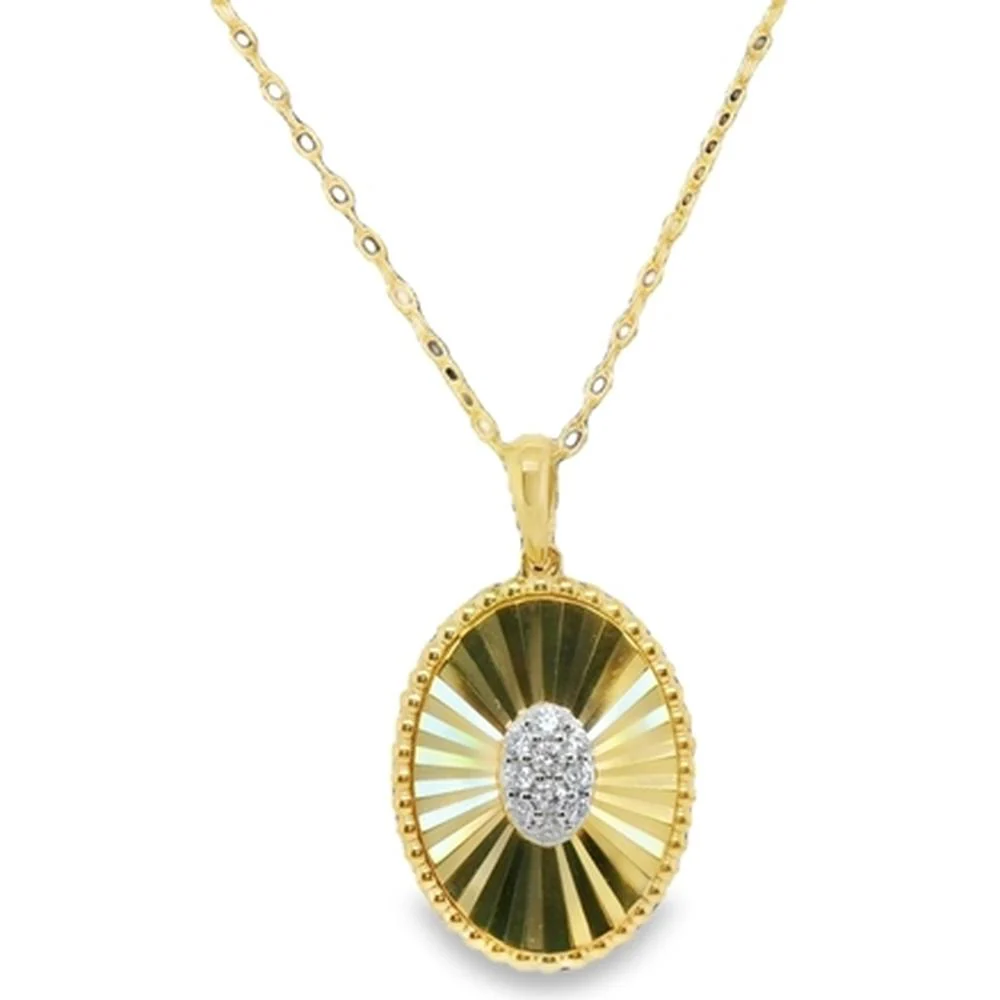 18K Yellow Gold Oval Sunburst Pendant Necklace with Center Diamond Cluster by Afarin