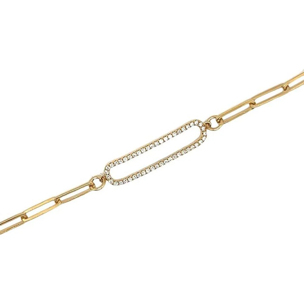 18K Yellow Gold Paperclip Link Bracelet with Pavé Diamond Oval Center by Afarin