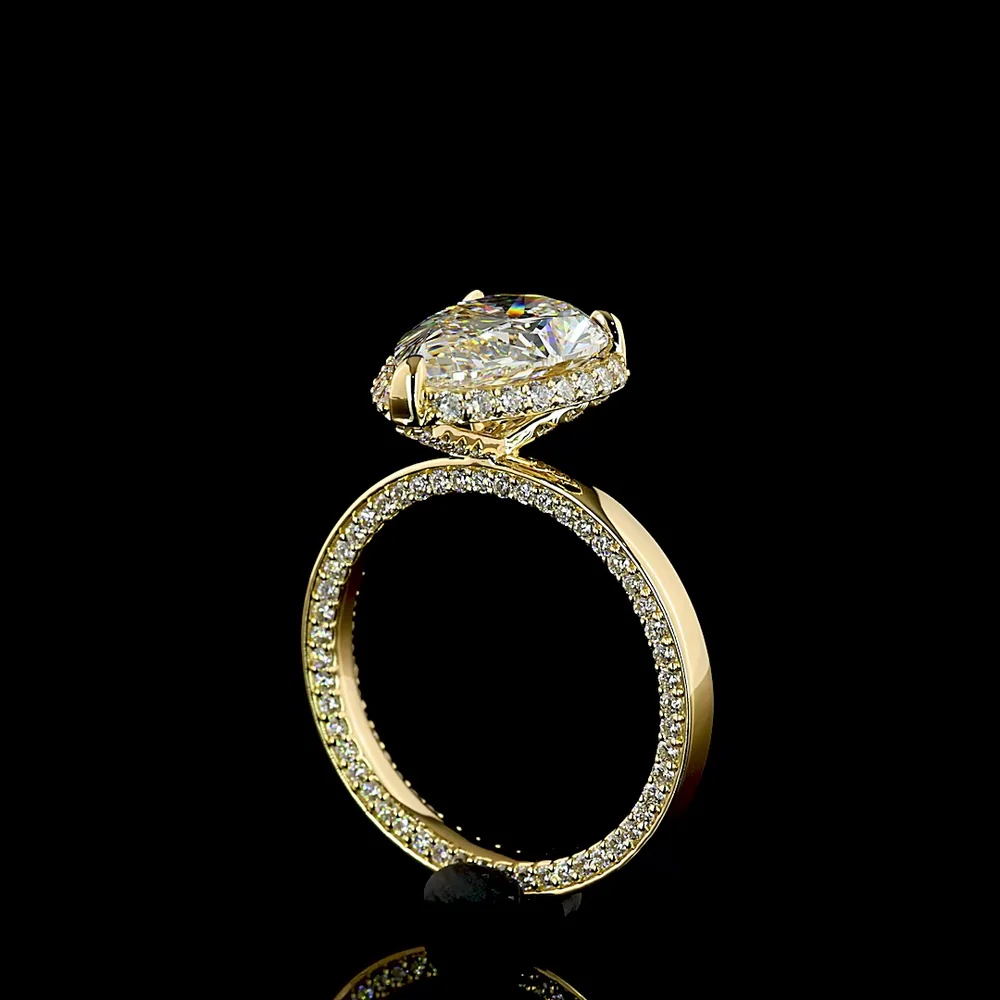 18K Yellow Gold Pear Shape Halo Ring with 3.02 Carat E VVS2 Lab Diamond Center and 0.81 Carat Brilliant Cut Lab Diamond Halo - 3.83 Carat Total Diamond Weight - Covaloro Fine Jewelry - Image 3