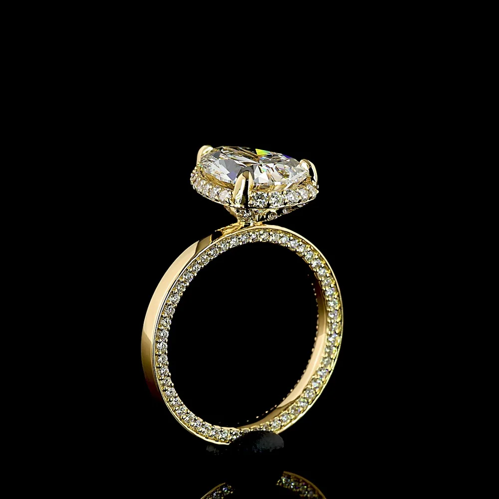 18K Yellow Gold Pear Shape Halo Ring with 3.02 Carat E VVS2 Lab Diamond Center and 0.81 Carat Brilliant Cut Lab Diamond Halo - 3.83 Carat Total Diamond Weight - Covaloro Fine Jewelry - Image 4