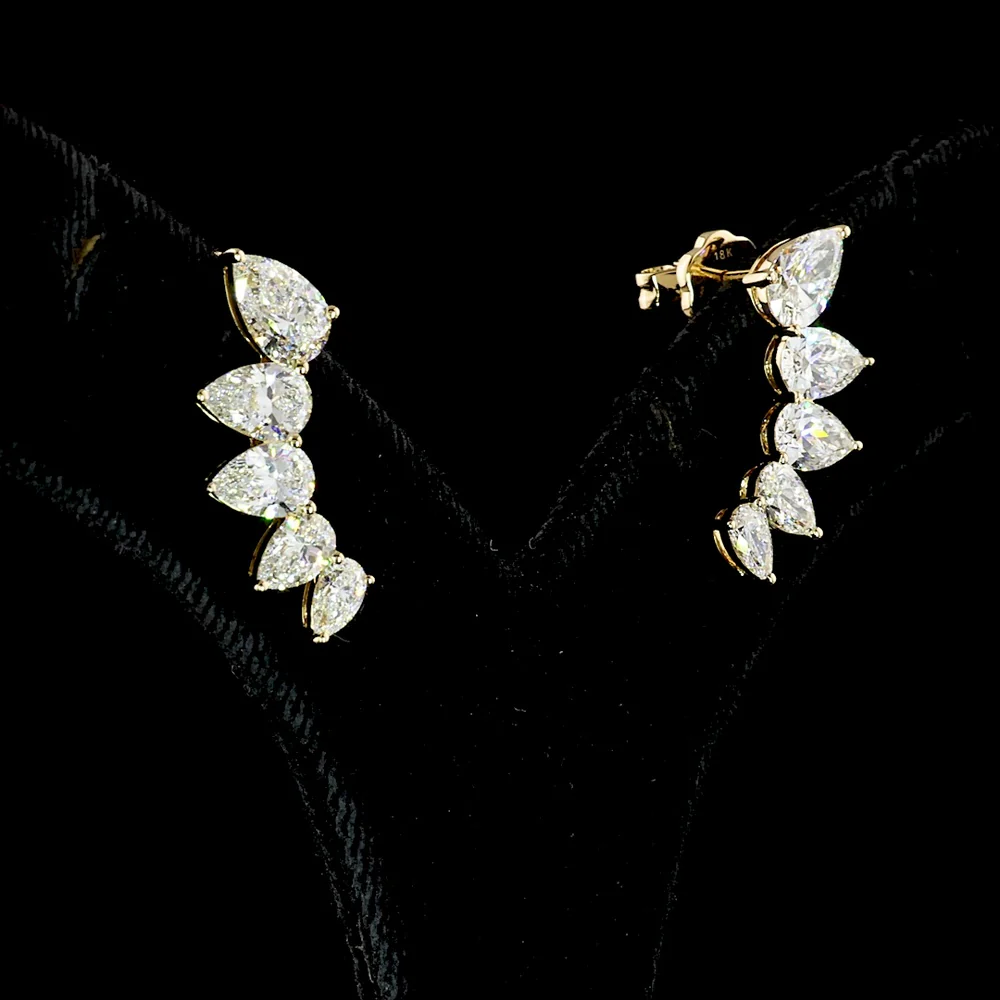 18K Yellow Gold Pear Shaped Diamond Crawler Earrings with Graduated Prong Set Lab Diamonds - 3.84 Carats Total Diamond Weight - Covaloro Fine Jewelry