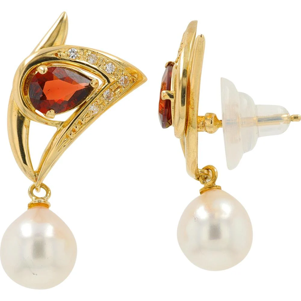18K Yellow Gold Pear - Shaped Garnet & 7.4mm Pearl Drop Earrings with 0.10 Carat Diamond Accents - Image 2