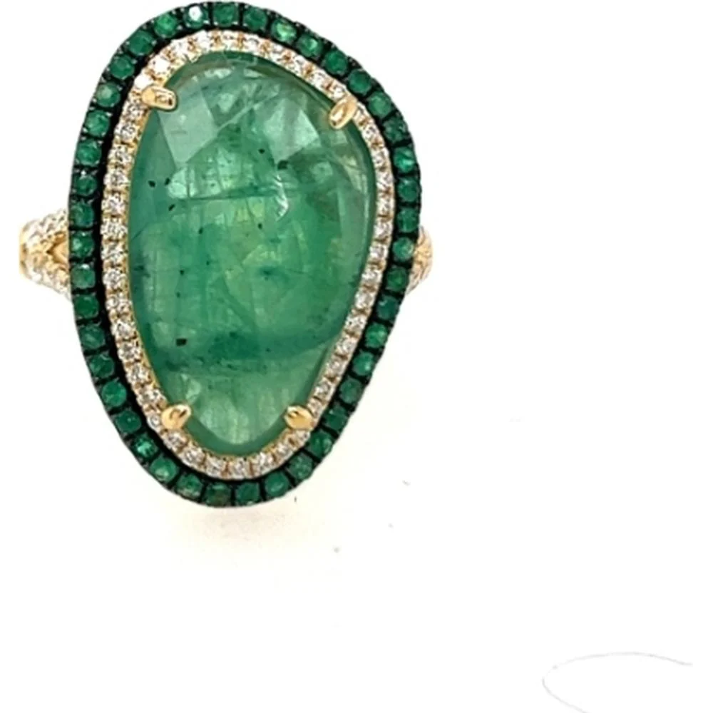 18K Yellow Gold Pear-Shaped Sliced Emerald Ring with Diamond and Emerald Double Halo by Afarin