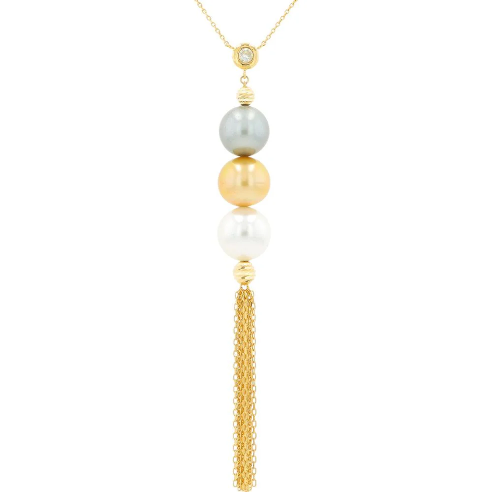 18K Yellow Gold Pearl Tassel Necklace with Three Pearls and Gold Chain Accents