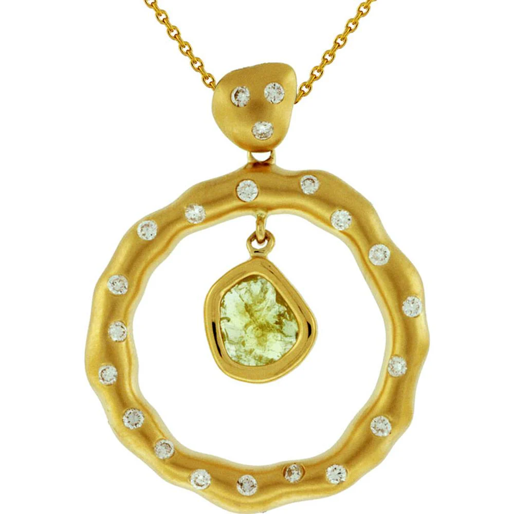 18K Yellow Gold Pendant Necklace with Round Green Diamond and White Diamonds - 0.73 Carats Total Diamond Weight - Royal Jewelry
