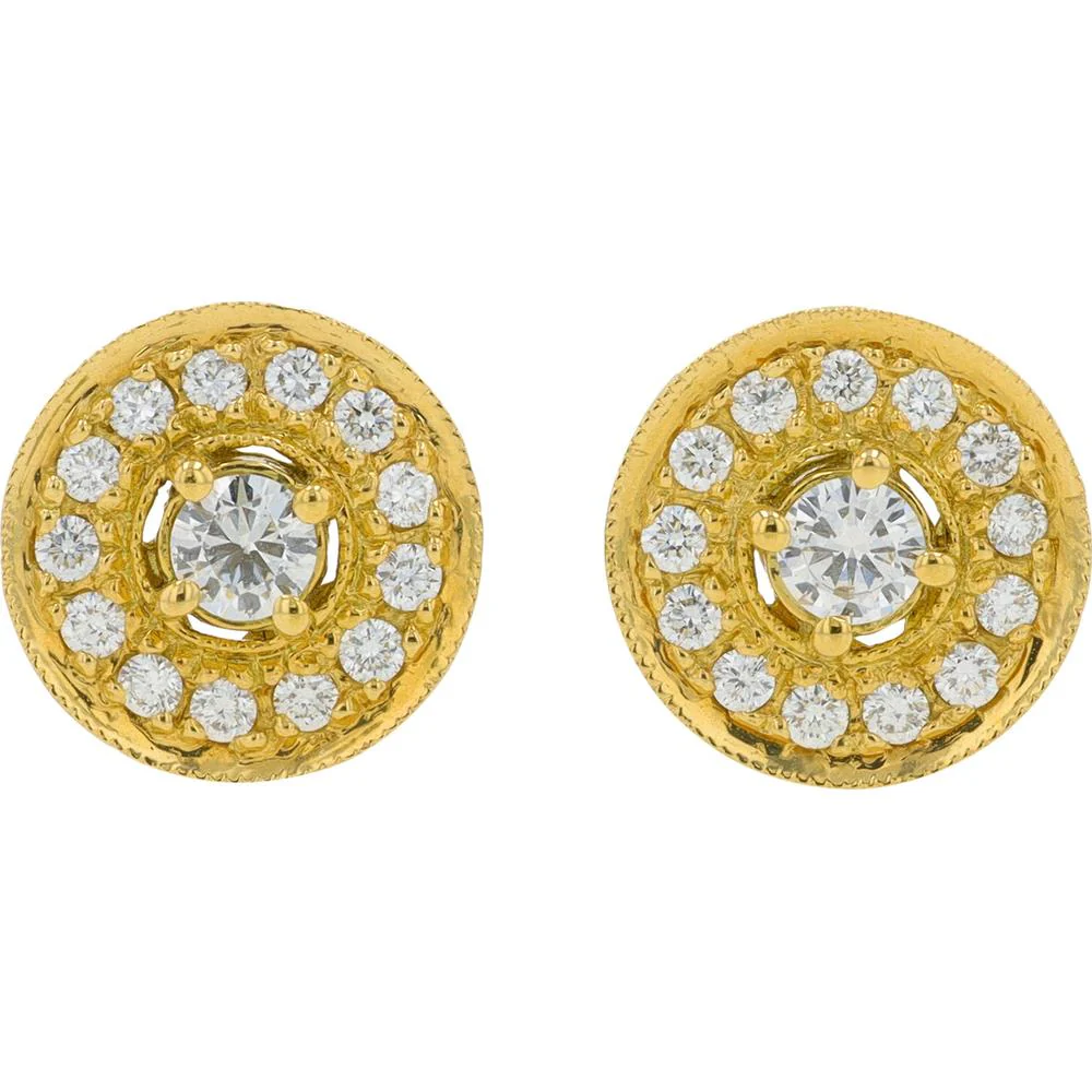 18K Yellow Gold Penny Preville Round Diamond Halo Stud Earrings with Milgrain Detail - 0.69 Carat Total Diamond Weight