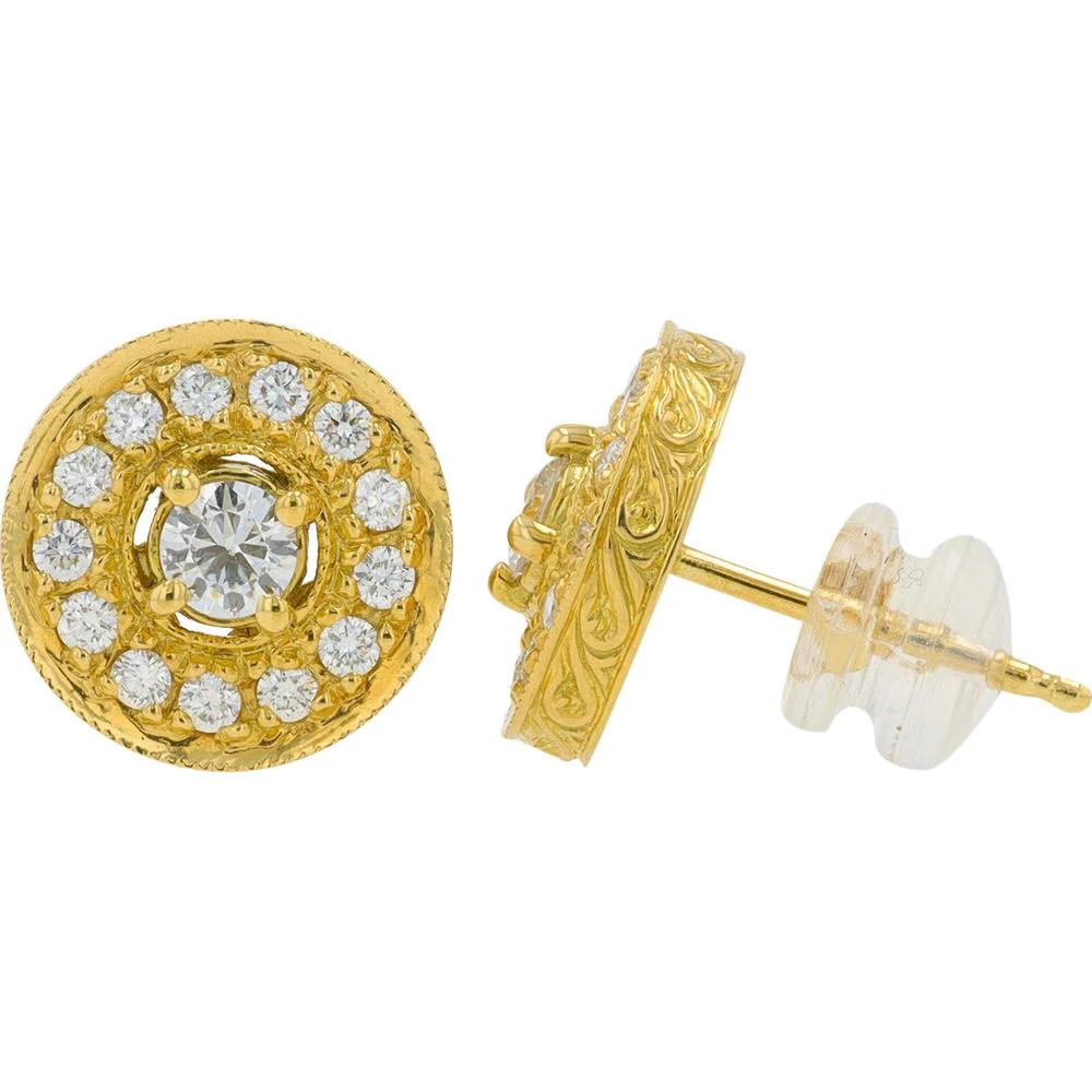 18K Yellow Gold Penny Preville Round Diamond Halo Stud Earrings with Milgrain Detail - 0.69 Carat Total Diamond Weight - Image 2
