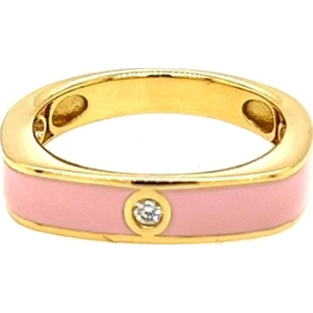 18K Yellow Gold Pink Enamel Band Ring with Round Diamond Accent by Afarin